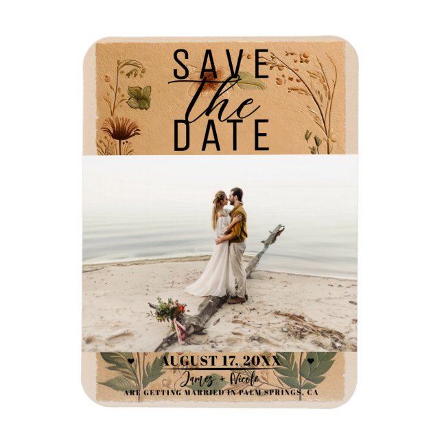 Terracotta Peach Pressed Flowers Boho Save Date  Magnet (Vertical)