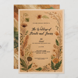 Terracotta Peach Pressed Flowers Boho Wedding Invitation