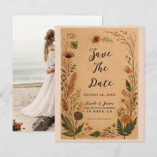 Terracotta Peach Pressed Flowers Boho Wedding Invitation