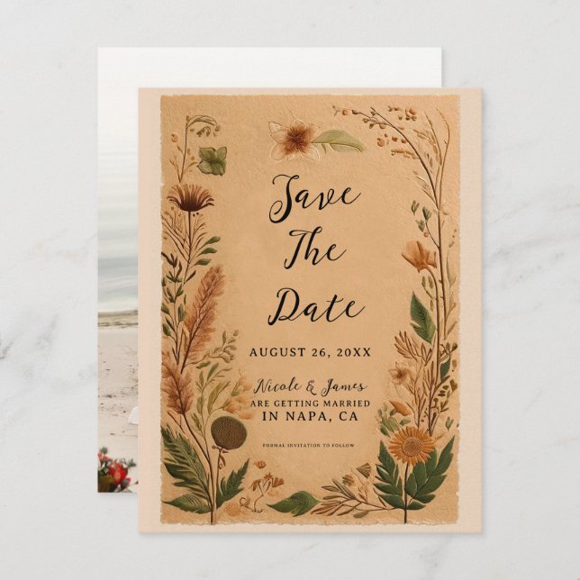 Terracotta Peach Pressed Flowers Boho Wedding  Invitation (Front/Back)