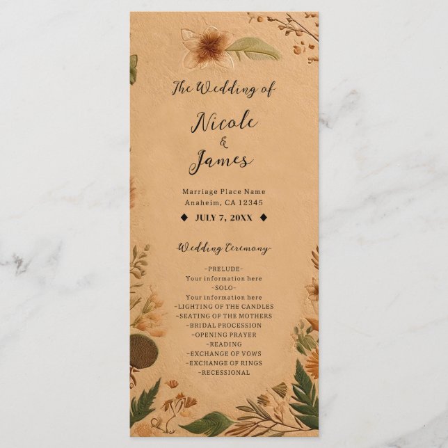 Terracotta Peach Pressed Flowers Boho Wedding Program (Front)