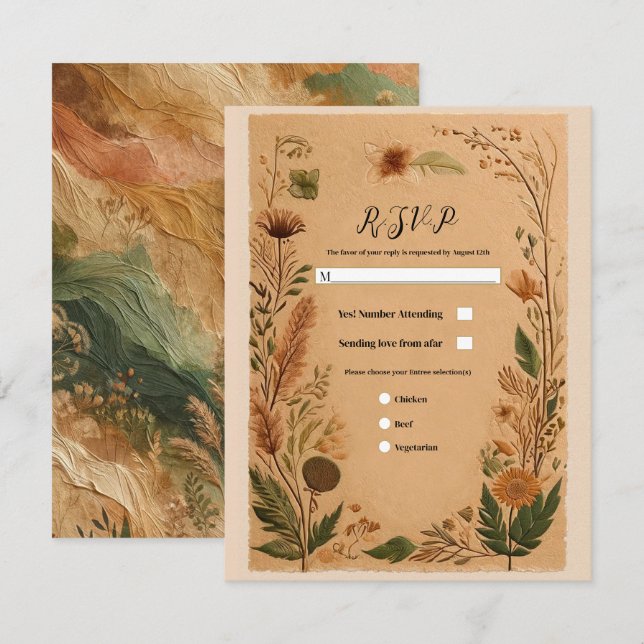Terracotta Peach Pressed Flowers Boho Wedding RSVP Invitation (Front/Back)