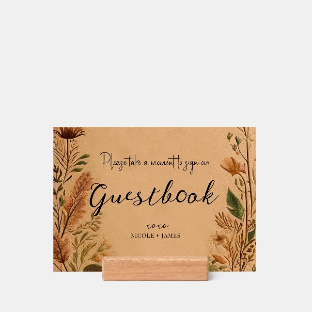 Terracotta Peach Pressed Flowers Boho Wedding Sign Holder (Woodblock)