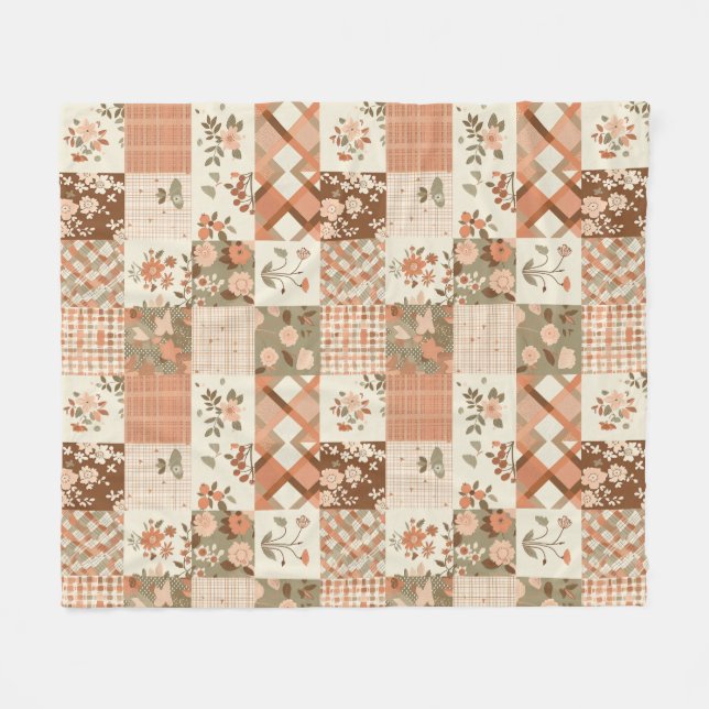 Terracotta Peach Quilt Patchwork Gingham Floral Fleece Blanket (Front (Horizontal))