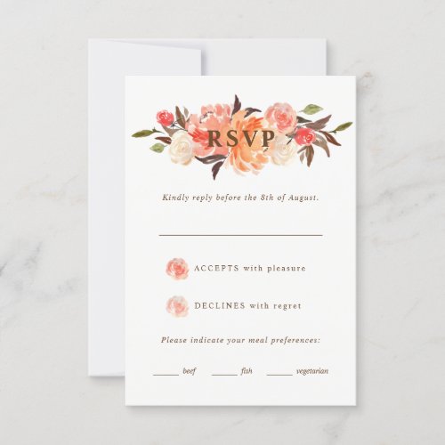 Terracotta Peach Watercolor Floral Autumn Wedding RSVP Card
