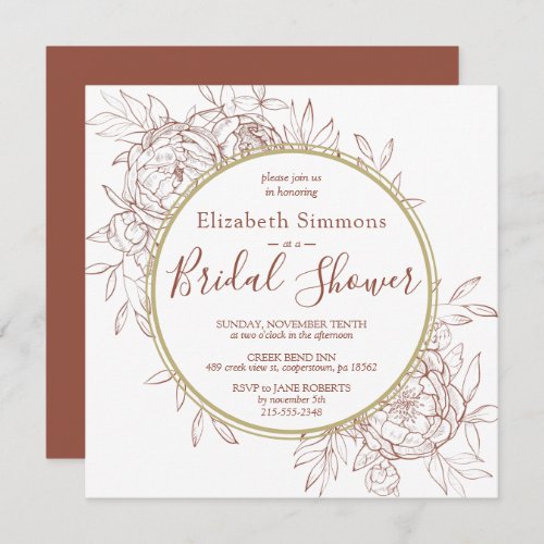 Terracotta Peony Floral Modern Toile Bridal Shower Invitation