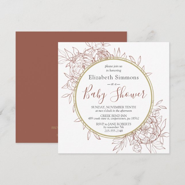 Terracotta Peony Modern Floral Toile Baby Shower Invitation (Front/Back)