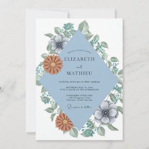 Terracotta Periwinkle Zinnia Eucalyptus Wedding Invitation