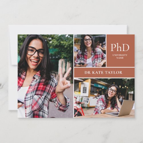 Terracotta PhD Degree 3 Photo Graduation Party Invitation