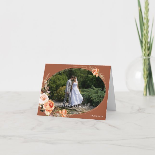 Terracotta Photo Boho Fall Wedding Thank You Card (Front)