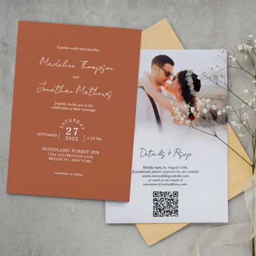 Terracotta Photo Budget Wedding QR Code Rsvp Invitation