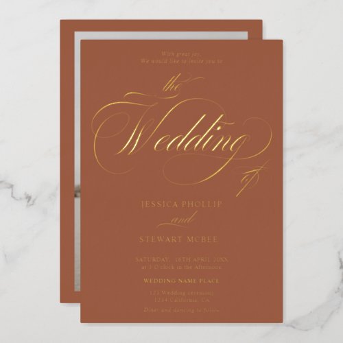 Terracotta photo calligraphy wedding gold foil invitation