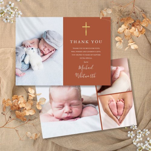 Terracotta Photo Collage Script Baptism Thank You Card