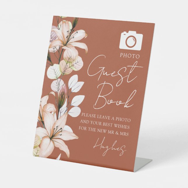 Terracotta Photo Guest Book Floral Wedding Pedestal Sign (Front)