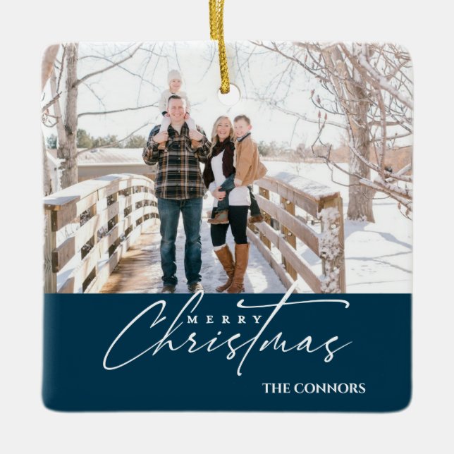 Terracotta Photo Merry Christmas Script Family  Ceramic Ornament (Front)