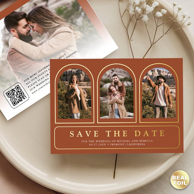 Terracotta Photo QR Code Wedding Save the Date Foil Invitation (Creator Uploaded)