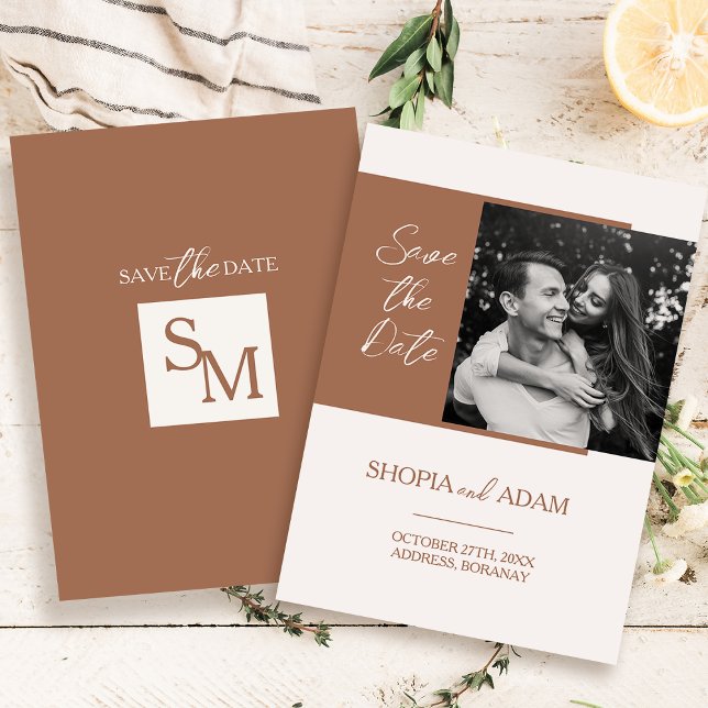 Terracotta Photo Save the Date Card with Monogram (Creator Uploaded)
