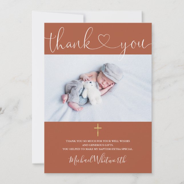 Terracotta Photo Signature Script Baptism Heart Thank You Card (Front)