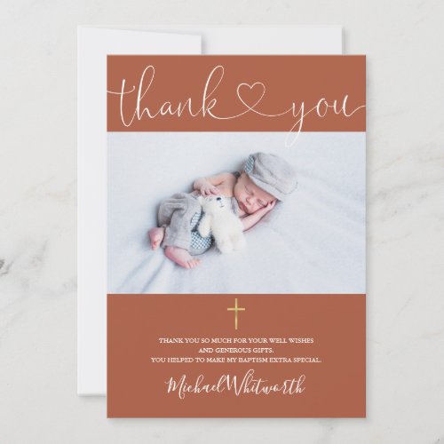 Terracotta Photo Signature Script Baptism Heart Thank You Card