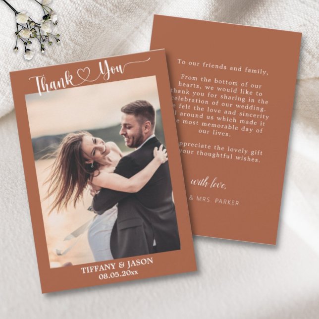 Terracotta Photo Simple Elegant Wedding Script Thank You Card (Creator Uploaded)