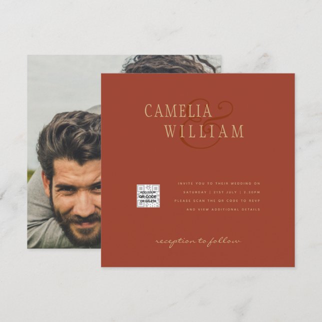 Terracotta Photo Wedding Invite QR Code Save Date (Front/Back)