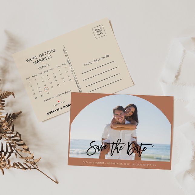 Terracotta Photo Wedding Save the Date Calendar  Announcement Postcard (Creator Uploaded)