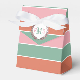 Terracotta pink and sage stripes, initials wedding favor boxes