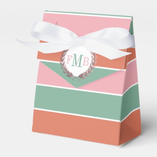Terracotta pink and sage stripes, initials wedding favor boxes