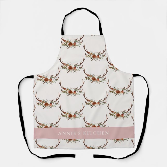 Terracotta pink antler watercolor floral elegant apron (Front)
