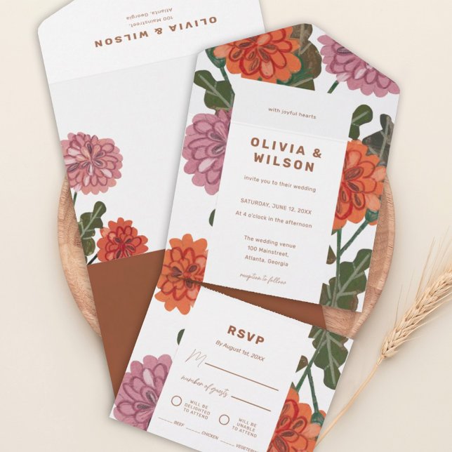 Terracotta & pink floral earth tone wedding all in one invitation (Creator Uploaded)