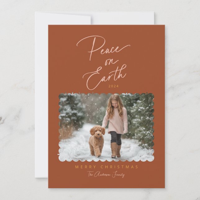Terracotta Pink Peace on Earth Script Modern Photo Holiday Card (Front)