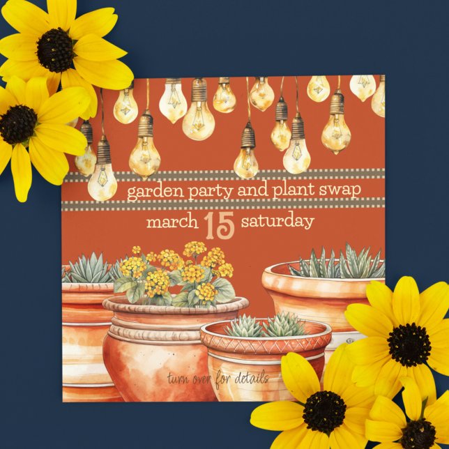 Terracotta Plant Pots and Garden String Lights Invitation (Plant swap garden party customizable and downloadable invitation for your spring events. )