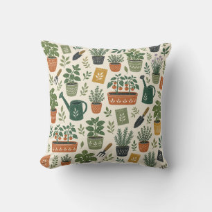 Terracotta Pots and Kitchen Herbs Botanical Patter Throw Pillow
