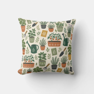 Terracotta Pots and Kitchen Herbs Botanical Patter Throw Pillow
