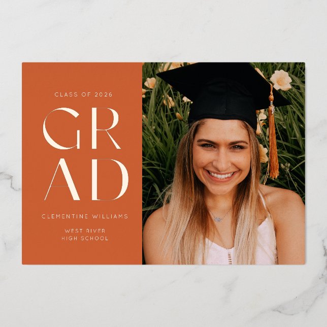 Terracotta Pressed Foil Grad Block Graduation Invitation (Front)