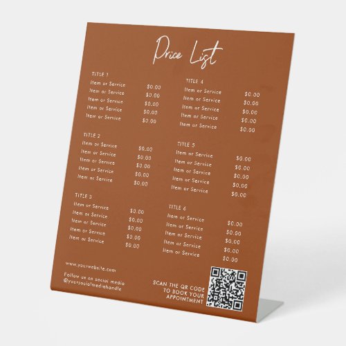 Terracotta Price List Menu QR Code Social Media  Pedestal Sign