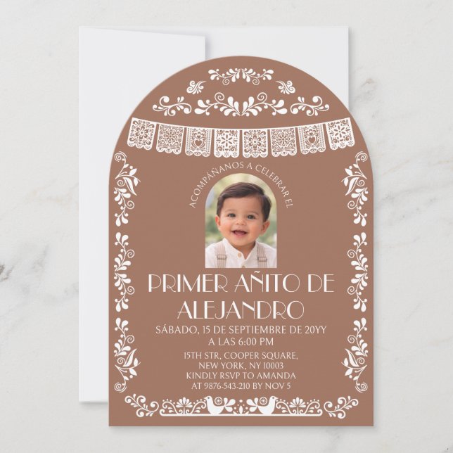 Terracotta Primer Añito Boy Arch Photo Invitation (Front)