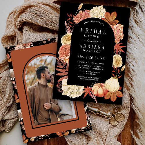 Terracotta Pumpkin Floral Black Bridal Shower Invitation