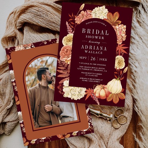 Terracotta Pumpkin Floral Burgundy Bridal Shower Invitation