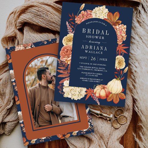 Terracotta Pumpkin Floral Navy Blue Bridal Shower Invitation