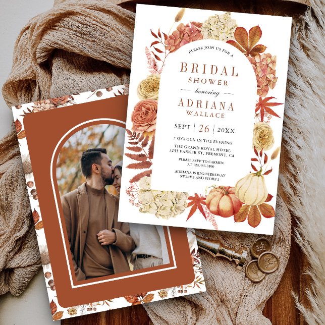 Terracotta Pumpkin Floral Photo Bridal Shower Invitation (Creator Uploaded)