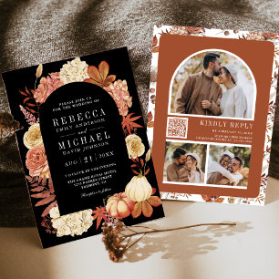 Terracotta Pumpkin Floral QR Code Black Wedding Invitation