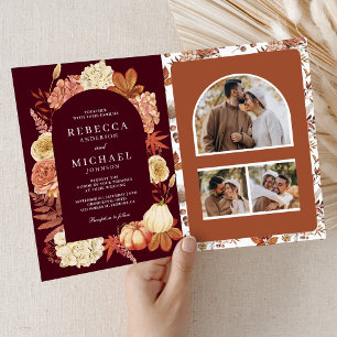 Terracotta Pumpkin Floral QR Code Burgundy Wedding Invitation