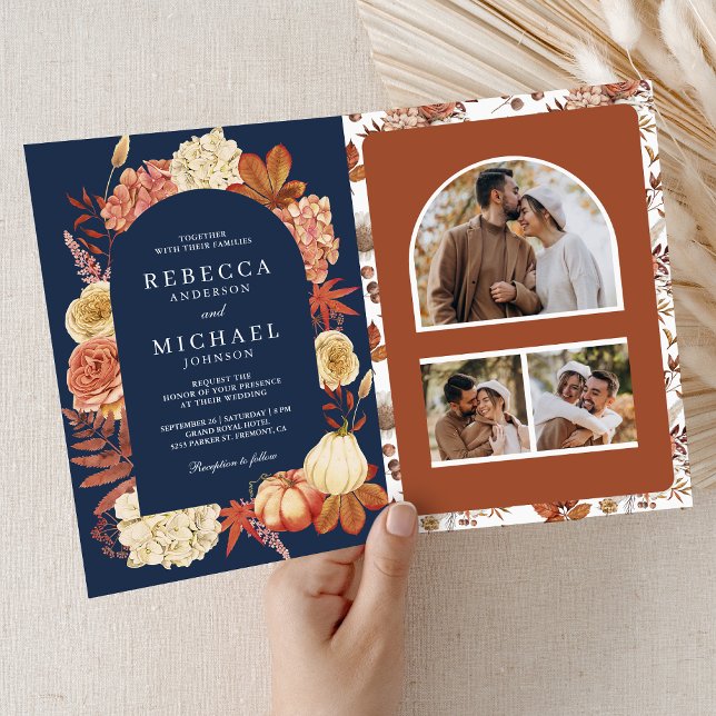 Terracotta Pumpkin Floral QR Code Navy Wedding Invitation (Creator Uploaded)