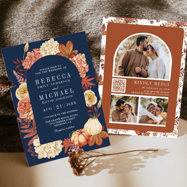 Terracotta Pumpkin Floral QR Code Navy Wedding Invitation (Creator Uploaded)