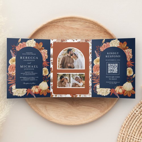 Terracotta Pumpkin Floral QR Code Navy Wedding Tri_Fold Invitation