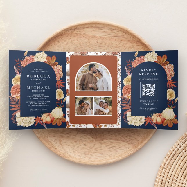 Terracotta Pumpkin Floral QR Code Navy Wedding Tri-Fold Invitation (Creator Uploaded)