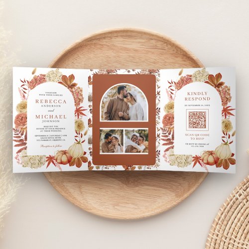 Terracotta Pumpkin Floral QR Code Wedding Tri_Fold Invitation