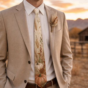 Terracotta Pumpkin Pampas Grass Boho Thanksgiving Neck Tie
