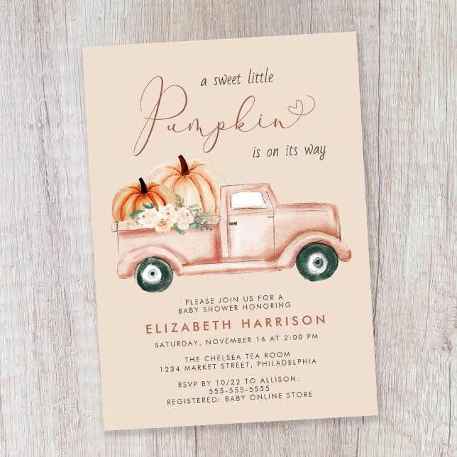 Terracotta Pumpkin Vintage Truck Baby Shower Invitation (Celebrate the upcoming arrival of your sweet little autumn baby with a pumpkin-themed baby shower)
